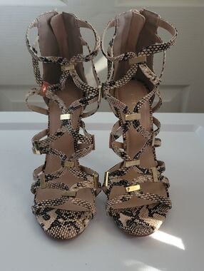 Shoe Republic LA Nude Snake-Print Gladiator Heels with Gold Accents 8.5 New